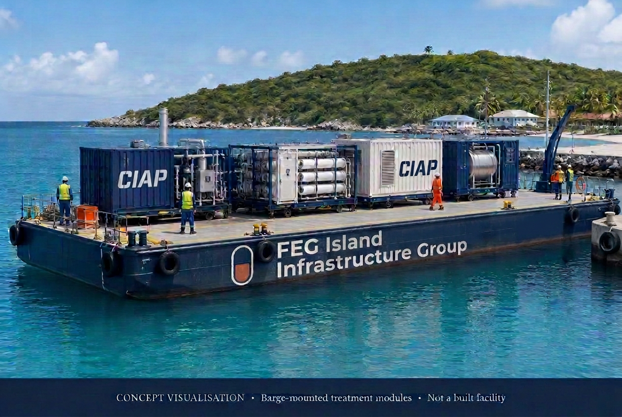 Digital concept of a work barge with FEG Island Infrastructure Group lettering and pill mark painted on its side, with distinctive CIAP labels on the mobile units, carrying containerised treatment and desalination modules at an island harbour
