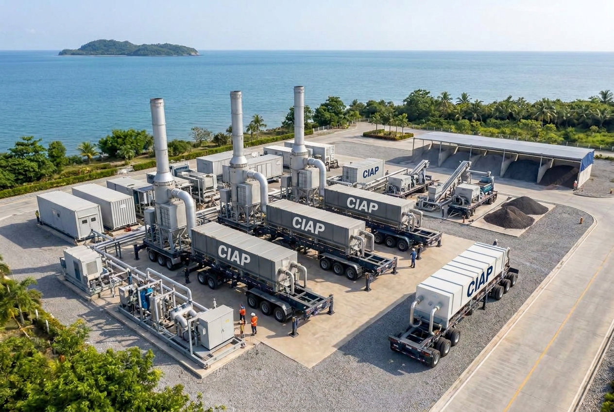 Conceptual coastal modular facility with three parallel thermal modules and separate mineral processing