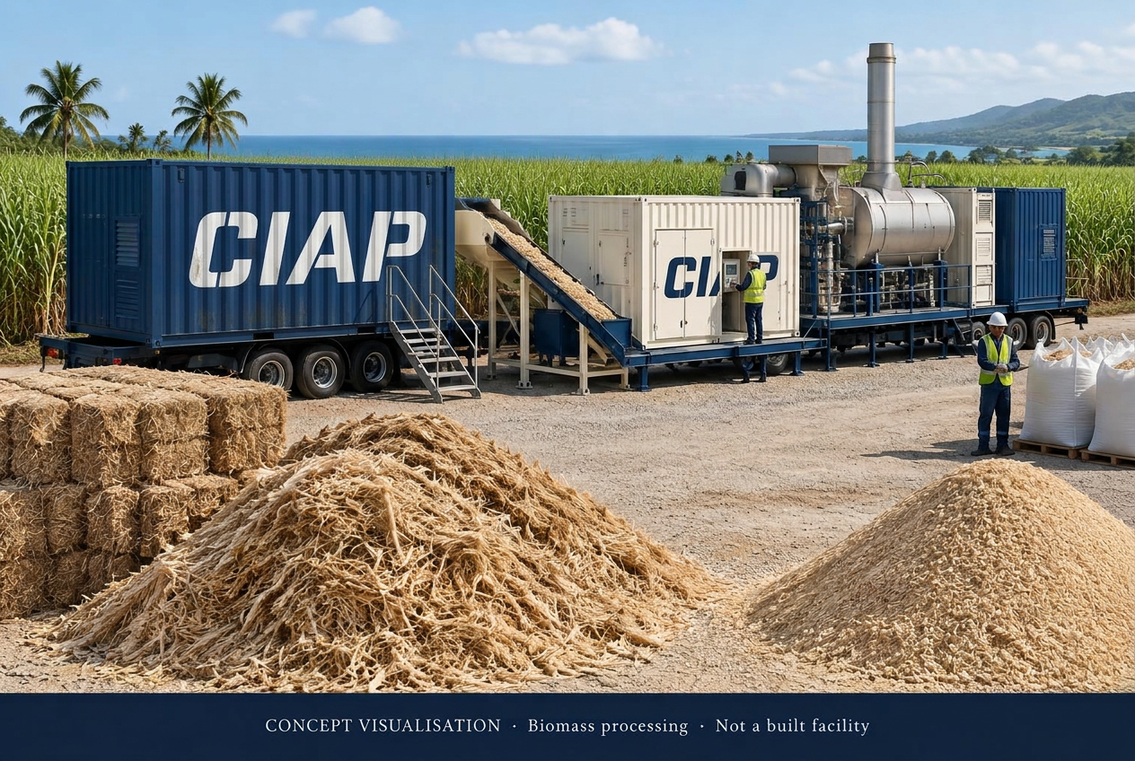 Illustrative mobile modular biomass processing line with bagasse and rice husk feedstock beside a sugarcane field