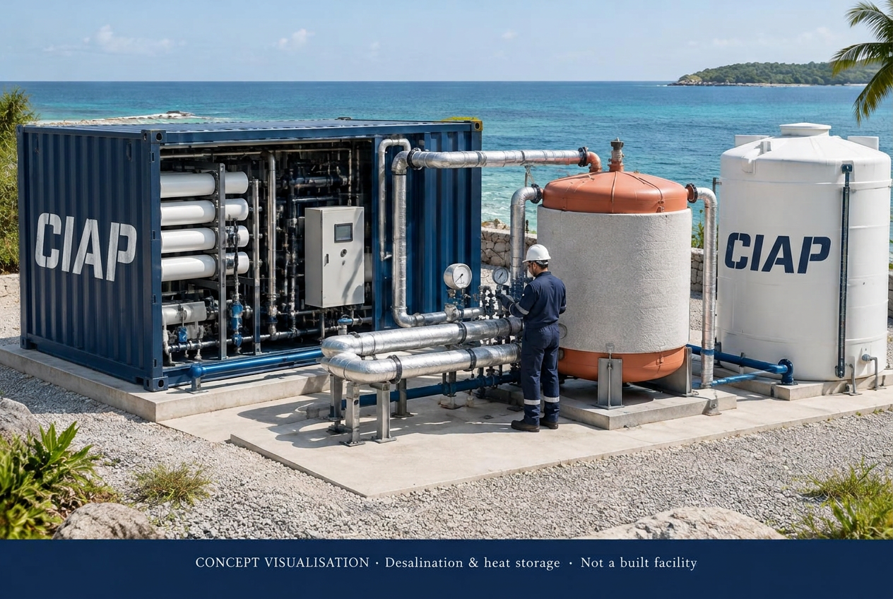 Illustrative skid-mounted desalination module with heat-recovery piping, thermal store and water tank at a coastal site