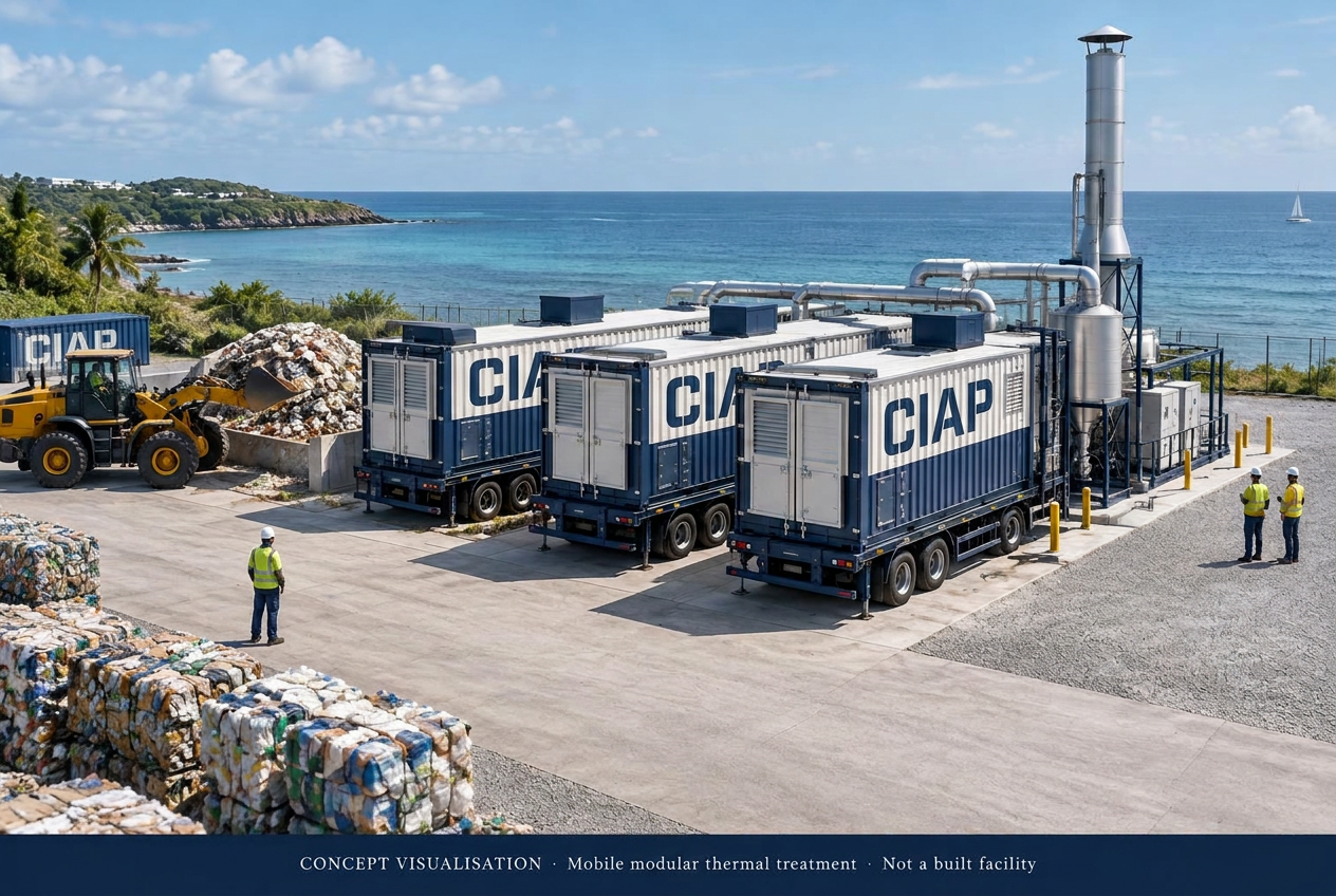 Illustrative mobile modular thermal treatment plant with three containerised modules on transportable chassis at a coastal site