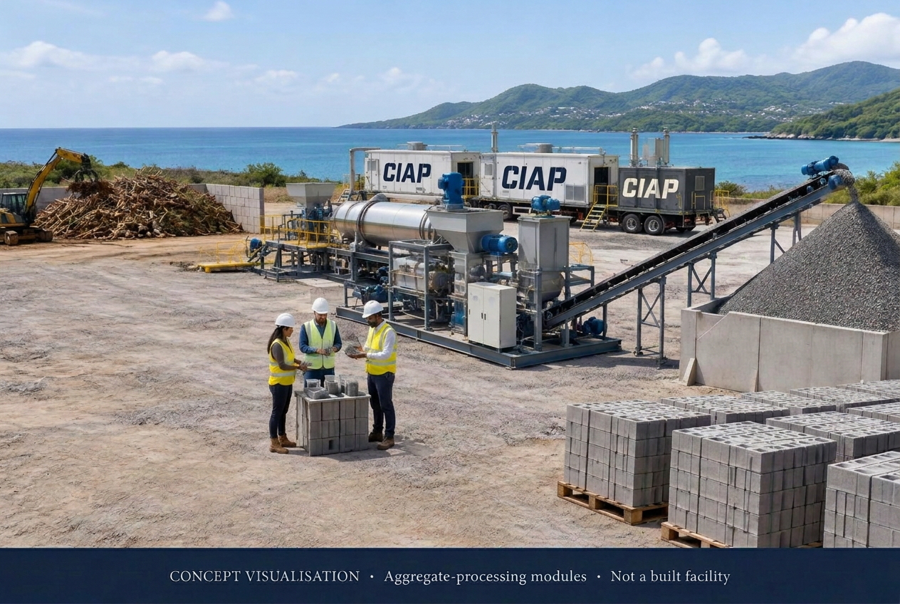 Concept illustration of transportable resource-recovery modules, mineral processing, aggregate stockpile and concrete blocks at a coastal reception site